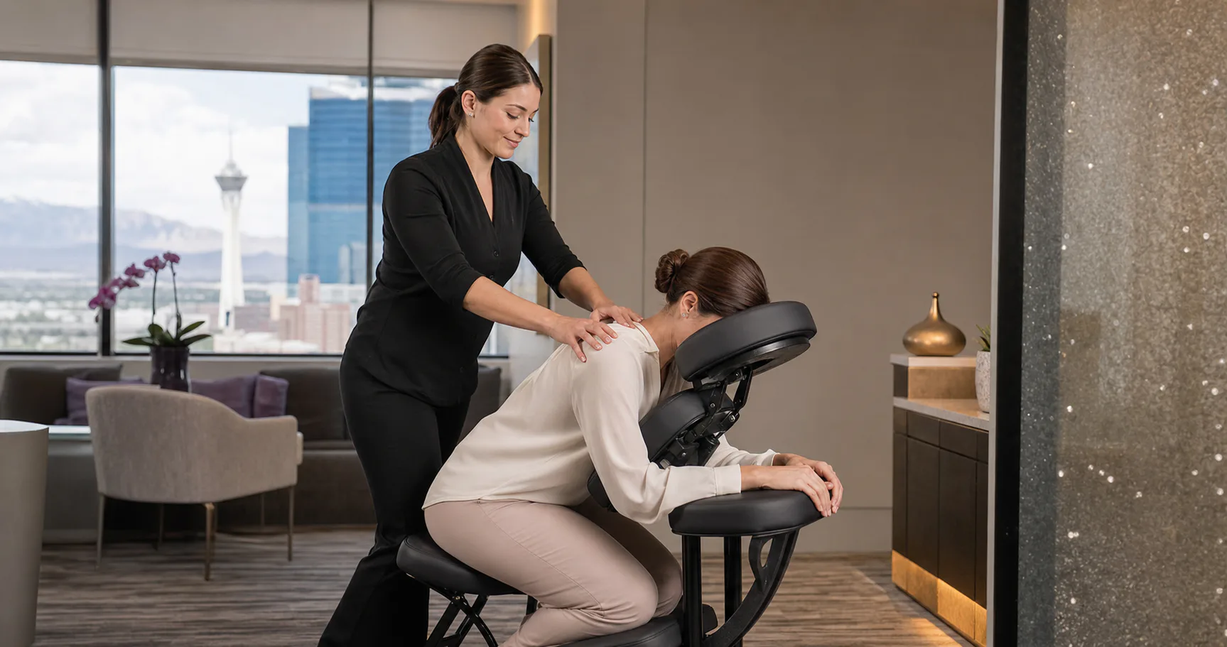 Professional female therapist applying focused shoulder pressure for an adult woman