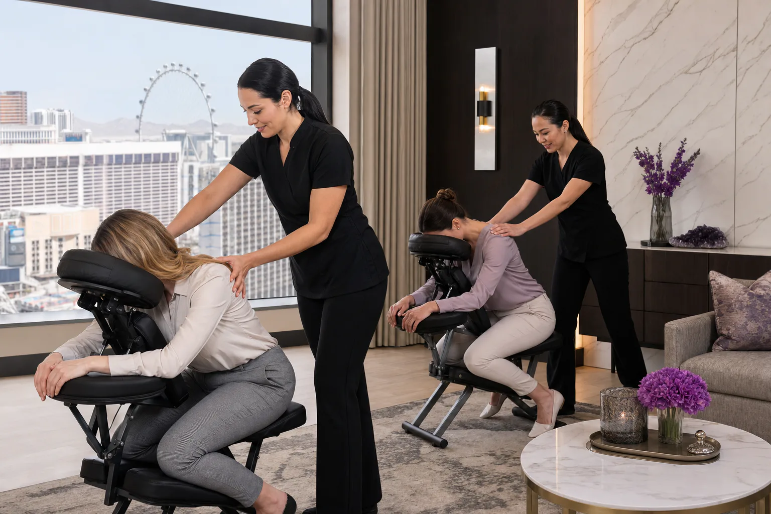 Women massage professionals providing seated massage at a Las Vegas group event